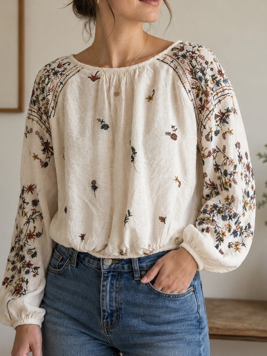 Dex Tops - Dex Embroidered Boho Peasant Blouse Cream Floral Size Small